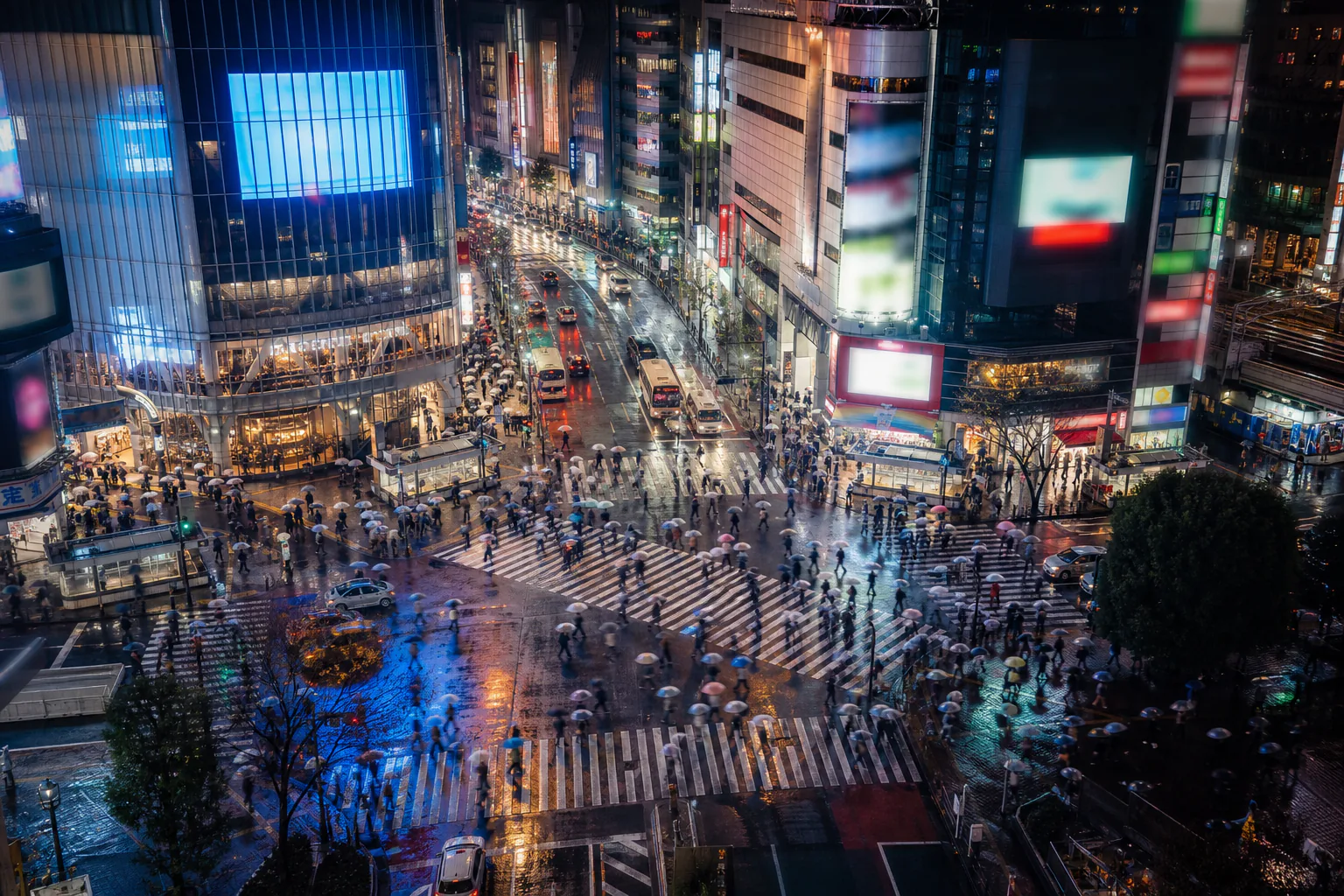 Shibuya crossing from above at night