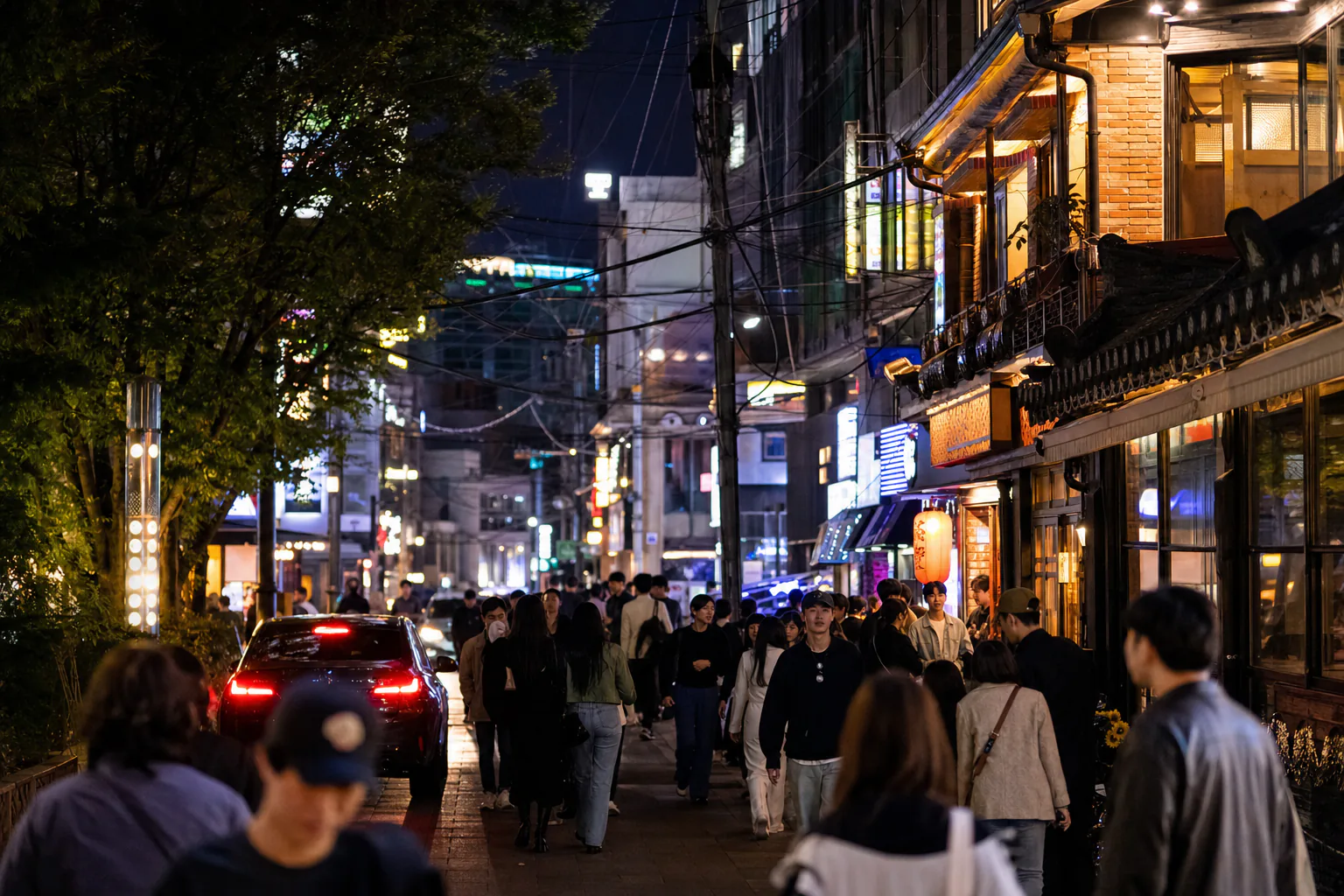 Busy street in Hongdae at night