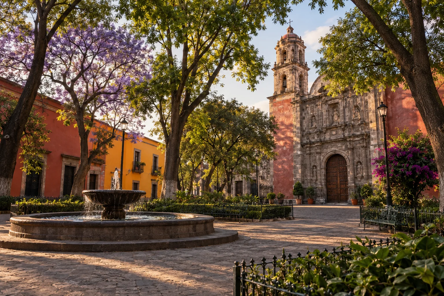 A tranquil colonial neighborhood plaza, colorful low-rise walls, shaded trees and the historic church frontage