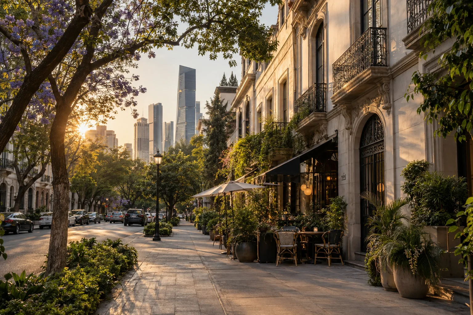 A graceful street of restored historic townhouses, cafes and tall city buildings farther away toward Reforma, soft golden-hour light