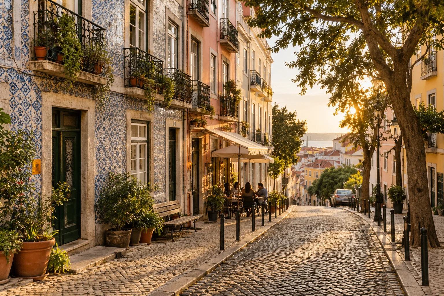 A lived-in residential street with patterned Portuguese tiles, balconies, a small cafe terrace and leafy trees on gently sloping pavement, late-afternoon light