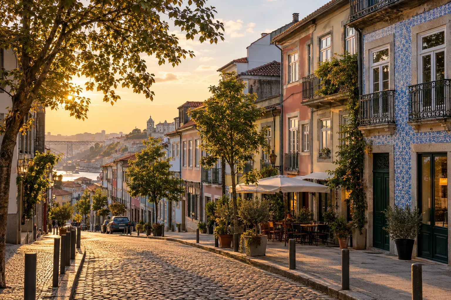 A calm residential street of colorful Portuguese townhouses and tiled facades, leafy trees and small street-level cafes