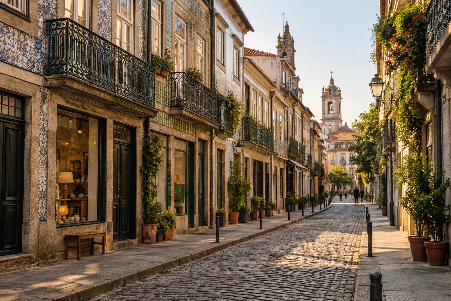 A walkable historic street with narrow tiled townhouses, modest independent shopfronts and wrought-iron balconies, soft warm afternoon light