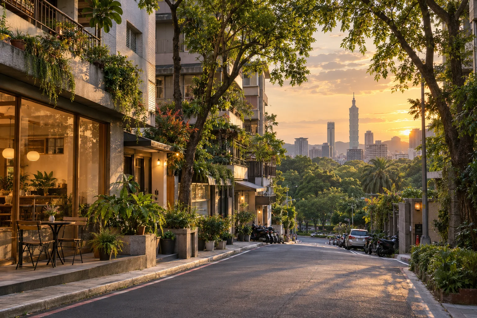 A leafy residential lane near Daan Forest Park with cafes, balconies and everyday Taiwanese city detail, park greenery leading toward distant urban towers, soft evening light