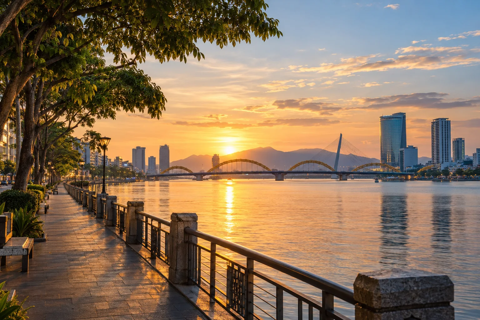 The west-bank Han River promenade with leafy streets and a view of the city's bridges and urban facades