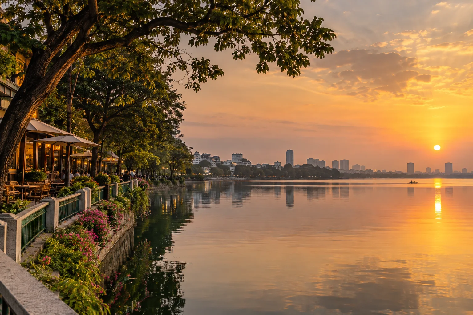 West Lake at golden dusk with leafy shore paths, cafes and a distant low-rise urban skyline reflected in still water, gentle atmospheric haze